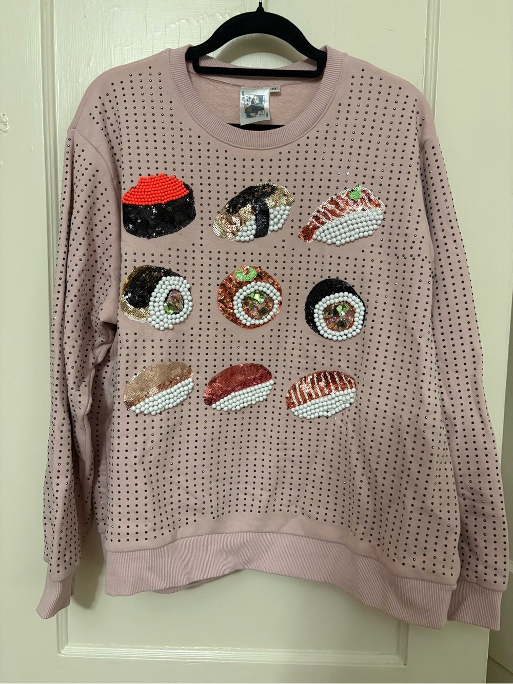 QUEEN OF SPARKLES Dusty Pink Beaded Sushi Crewneck Sweater